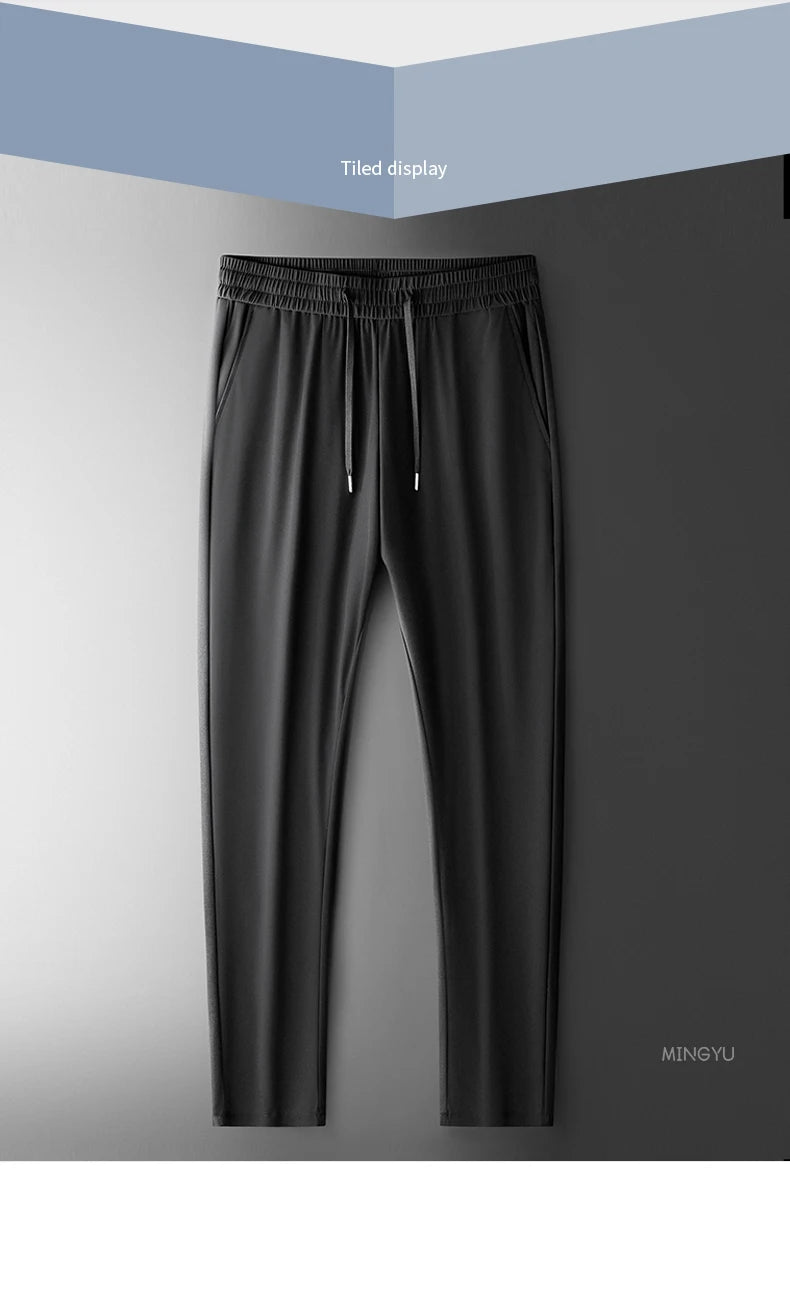 Summer High Stretch Smooth Ice Silk Casual Pants Man Thin Soft Elastic Waist Korean Grey Sweatpants Sports Jogging Trousers Male