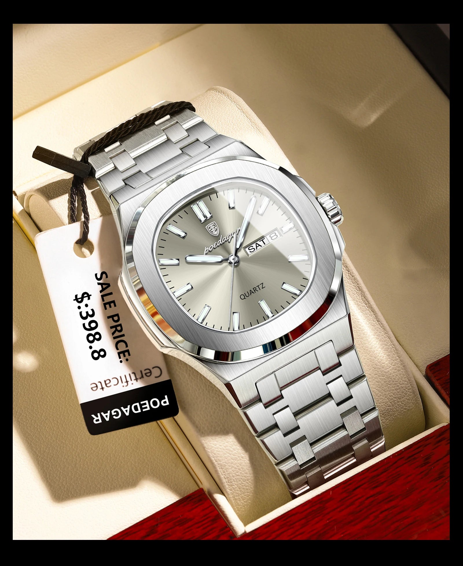 POEDAGAR Trendy Casual Wristwatch For Men Week Date Stainless Steel Man Watch Luminous Waterproof Luxury Quartz Men Watches+Box