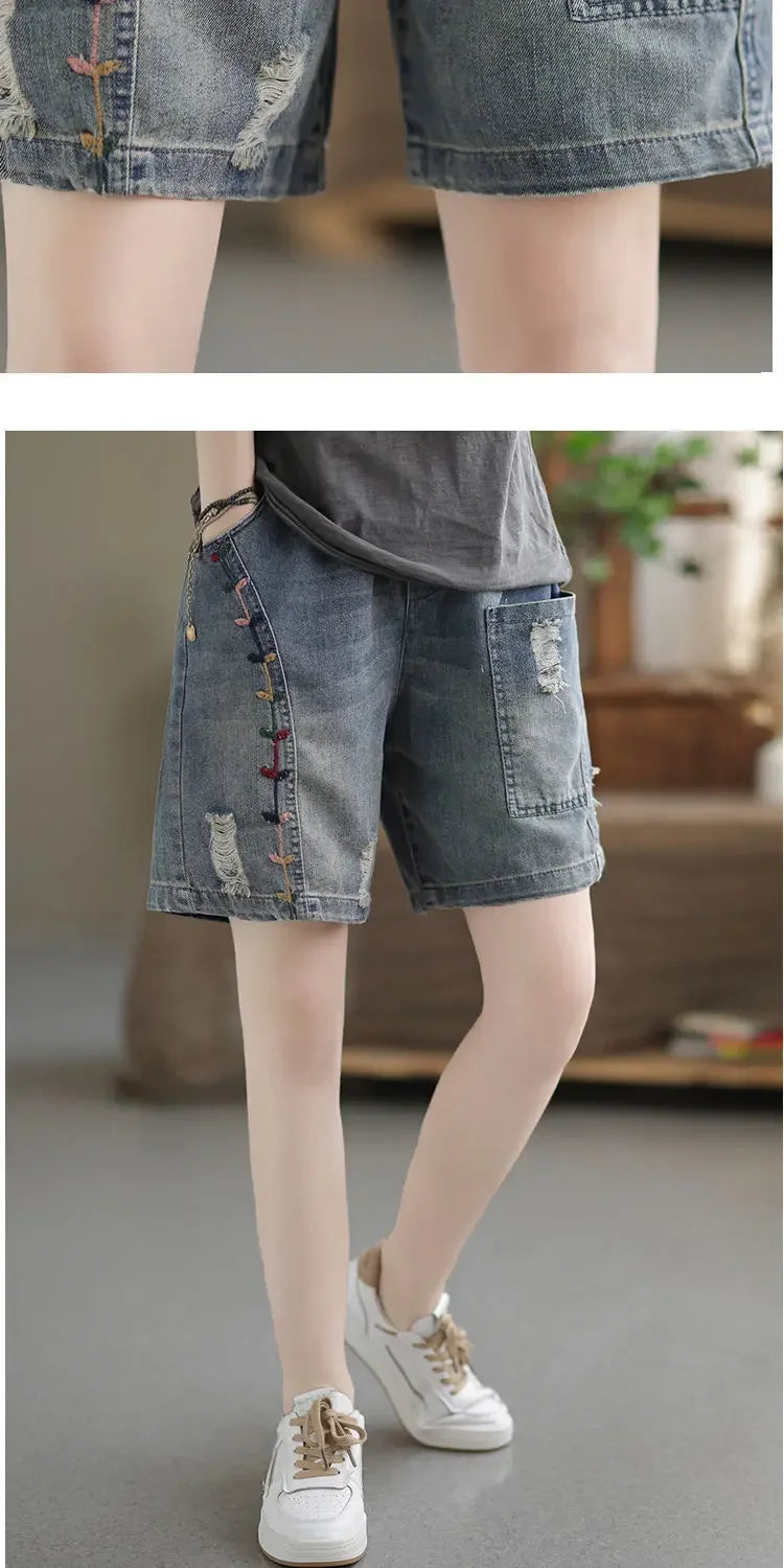 Vintage Jeans Shorts Women Summer Floral Embroidery Elastic High Waist Denim Shorts Design Wide Leg Trousers Blue Black Shorts