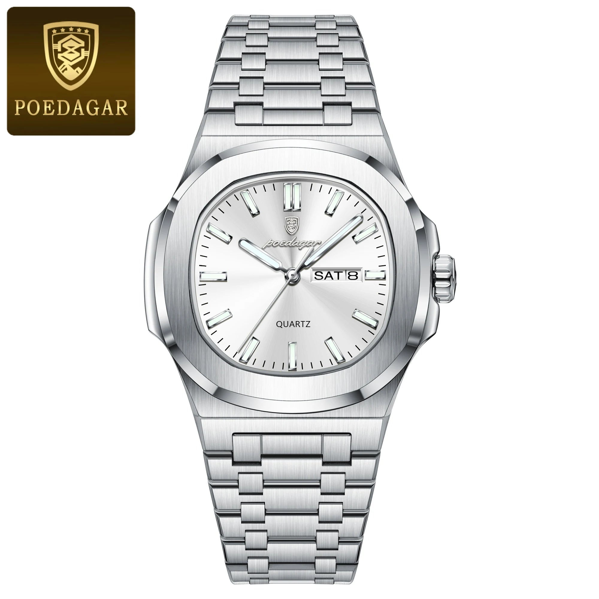 POEDAGAR Trendy Casual Wristwatch For Men Week Date Stainless Steel Man Watch Luminous Waterproof Luxury Quartz Men Watches+Box