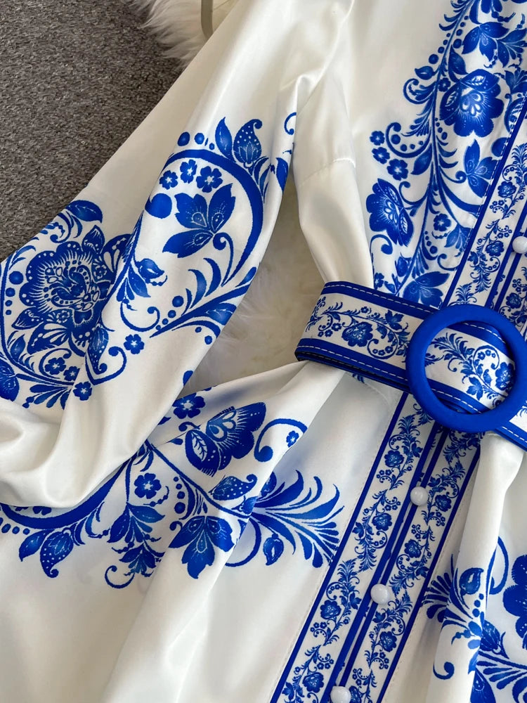 Spring Maxi Belt Dresses for Women Chic Vintage Printing Robe Femme Stand Neck Tunic Lantern Sleeve Dress 2024 Vestidos De Mujer