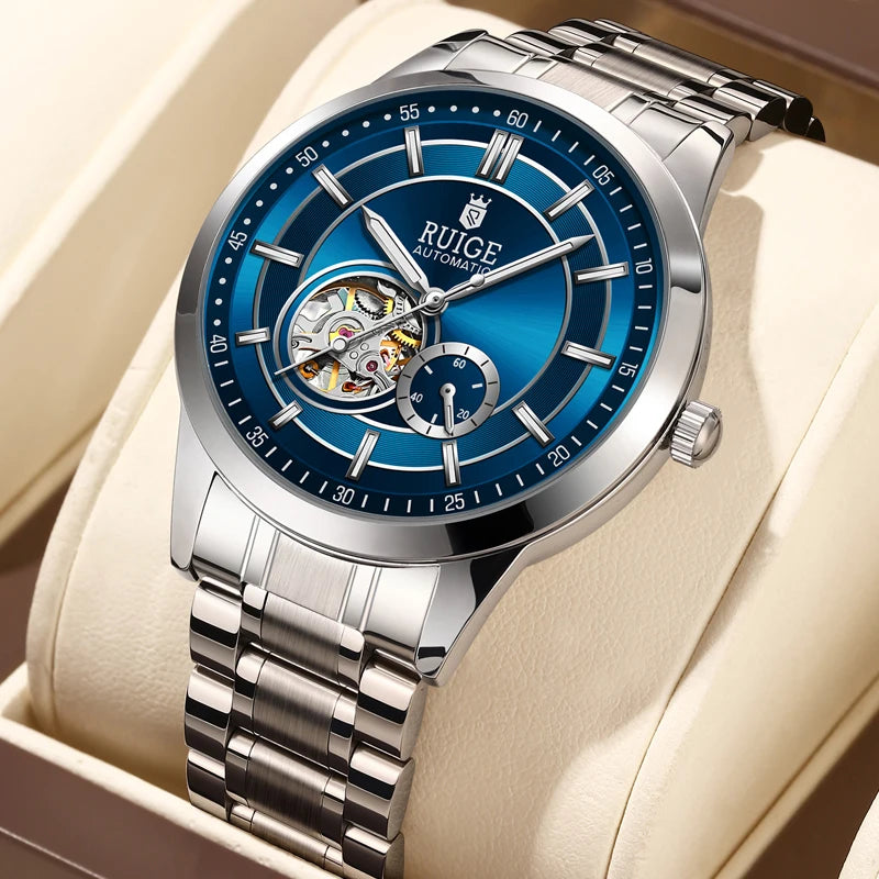 RUIGE High Quality Hollow Mechanical Movement Men's Watch Stainless Steel Fashion Men's Night Light Waterproof Watch