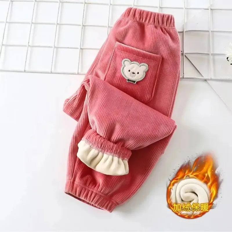 Autumn/winter Children's Fleece-lined Corduroy Pants Stylish Embroidery Casual Warm Trousers For Boys Girls