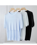 Amii Minimalism 2024 Knit Sweater Women Summer New Solid O-Neck Loose Short-sleeved Wool Casual Patchwork Chic Tops 12422028