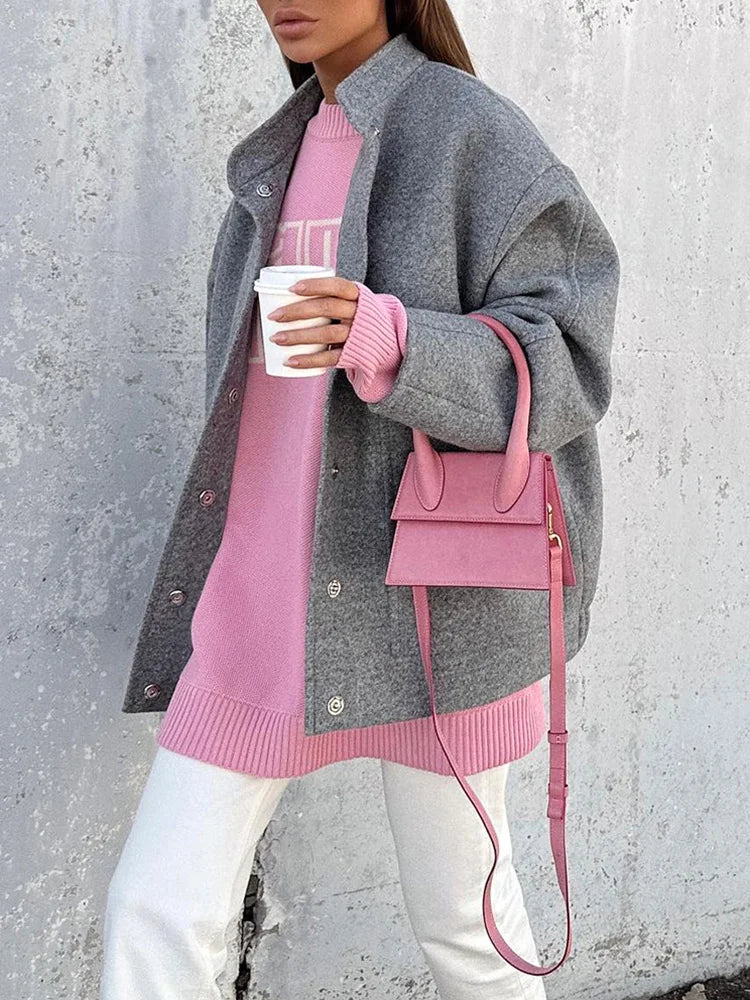 MiuKoMiYa Army Green Short Wool Blend Bomber Jackets For Women Winter Outdoor Women's Woolen Blend Coat Women Loose Wool Jacket