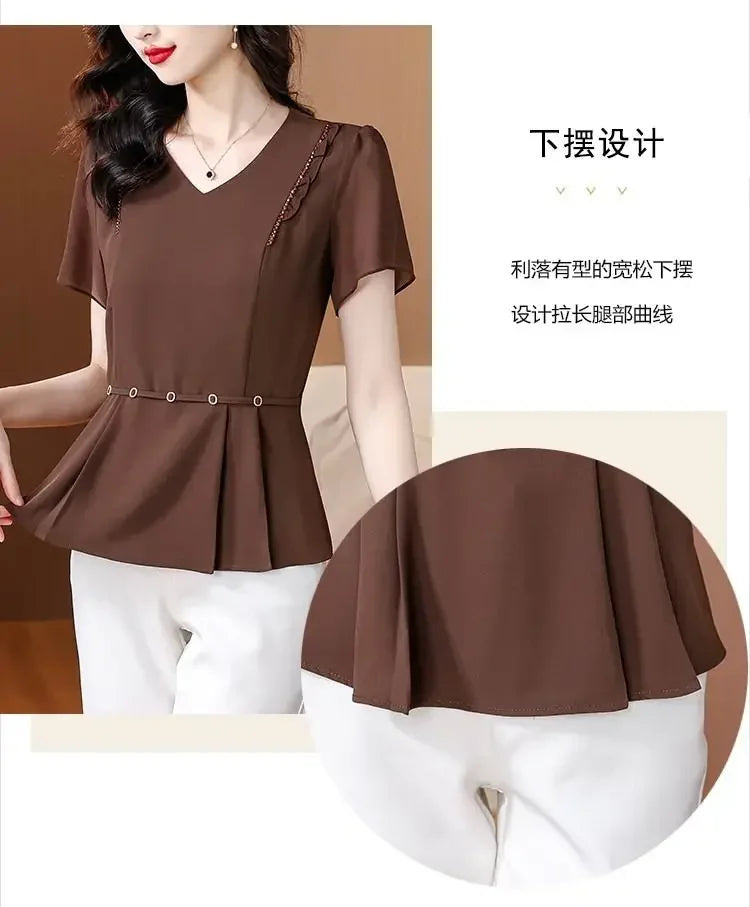 New Summer Solid Color Short-sleeved T-shirt Women with Large Size Fat Mm Slim V-neck Top Fashionable Temperament Small Shirt