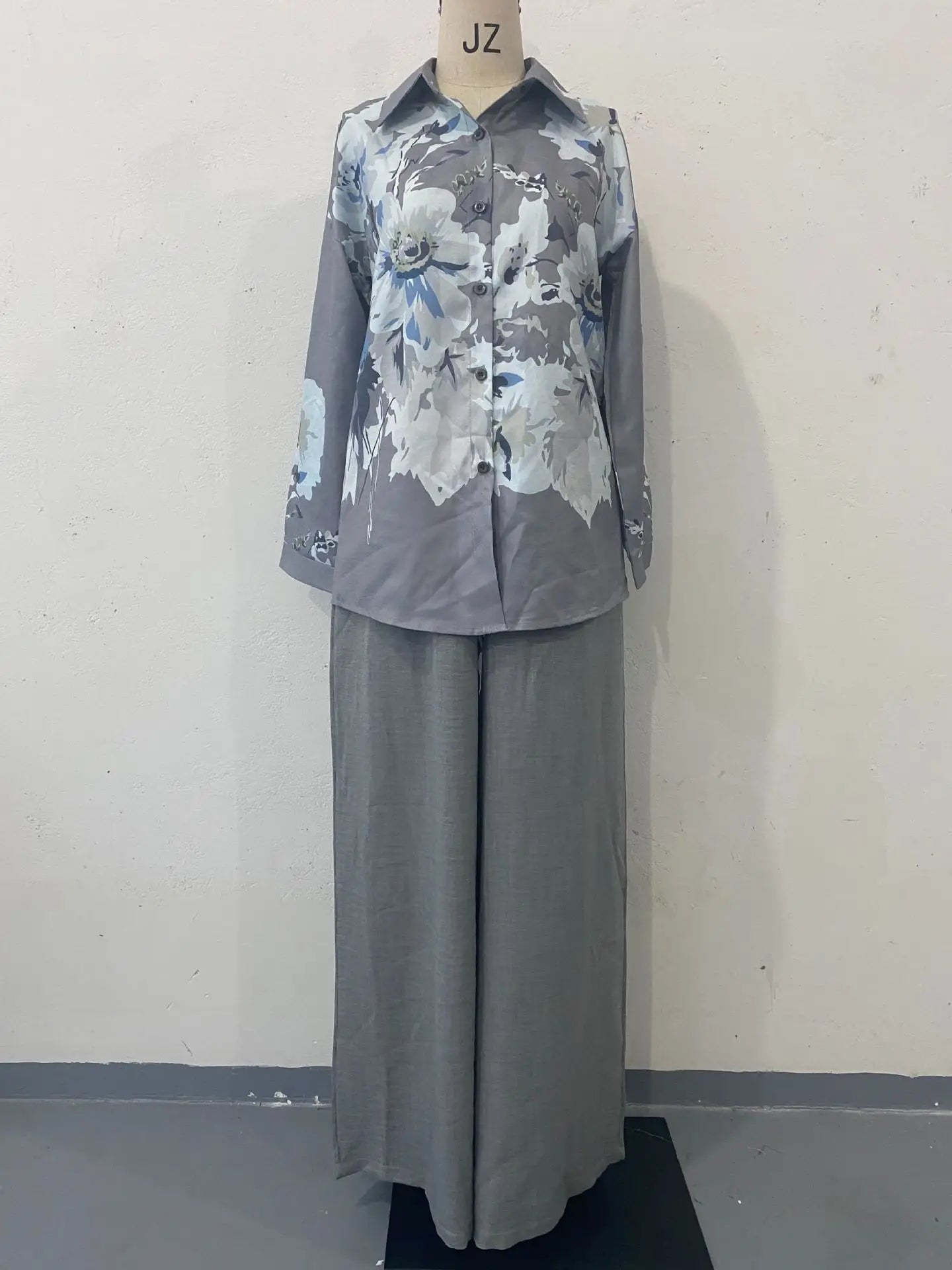 Two Piece Set Islam Muslim Women Tops Flower Print Shirt Wide Leg Pants Suits Ramadan Turkey Modest Ensembles Morocco Outfits