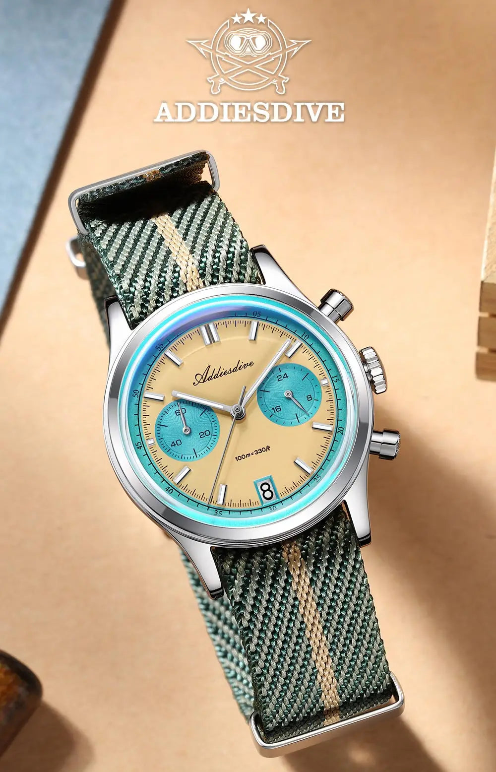 ADDIESDIVE AD2095 Watch of Men 60min Chronograph Quartz Wristwatch Bubble Mirror Glass Luminous Waterproof Men's Watches 38mm