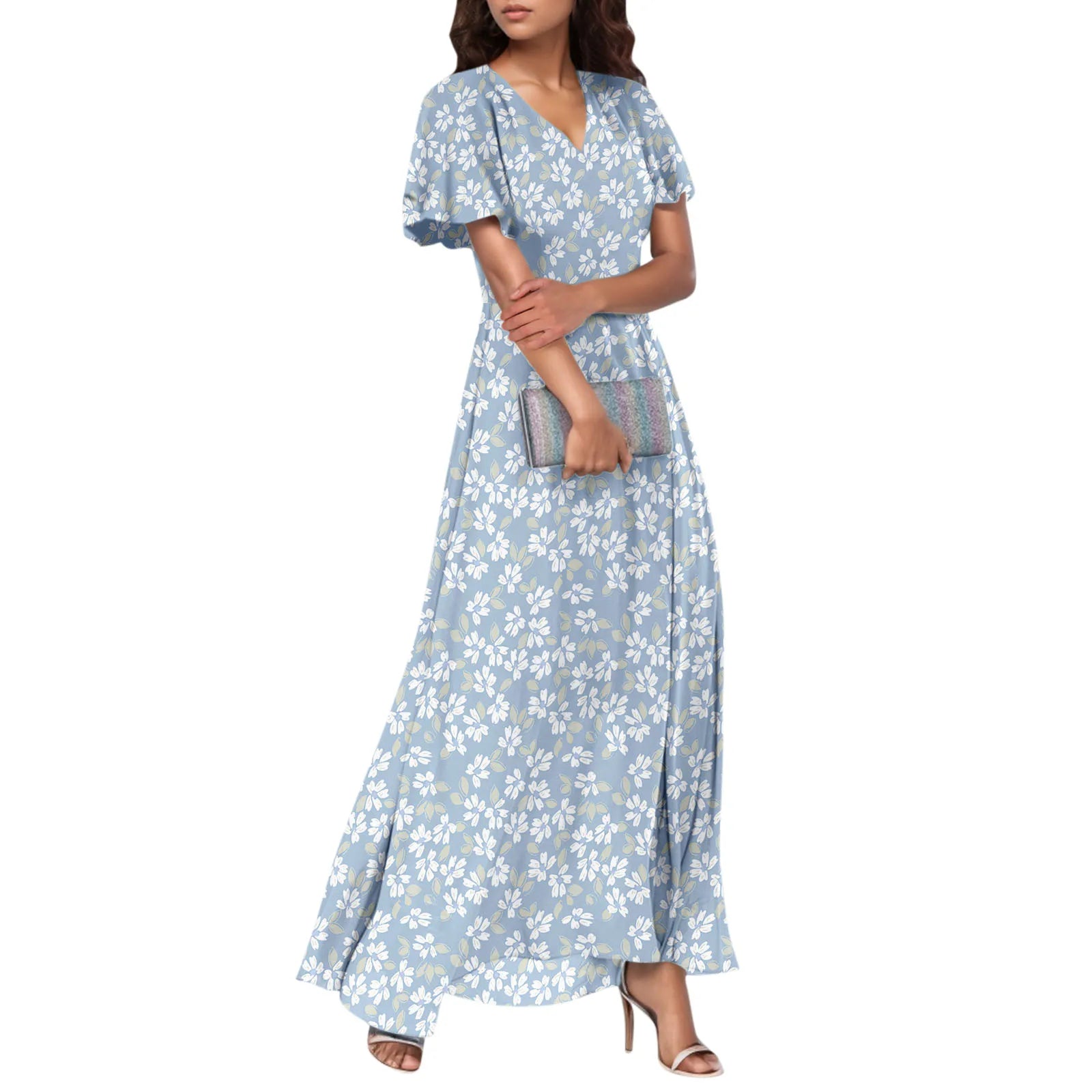 Women V-neck Ruffle Short Sleeve Maxi Dress Waist Tight High-waist Hem Sweet Floral Print Elegant Dress Female Clothing Vestidos
