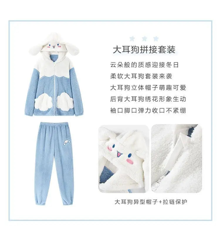 Cinnamoroll Women's Plush Pajamas Suit Sanrioed Kawaii Autumn Winter Hooded Home Clothes Cute Girl Thickened Cute Cartoon Sweet