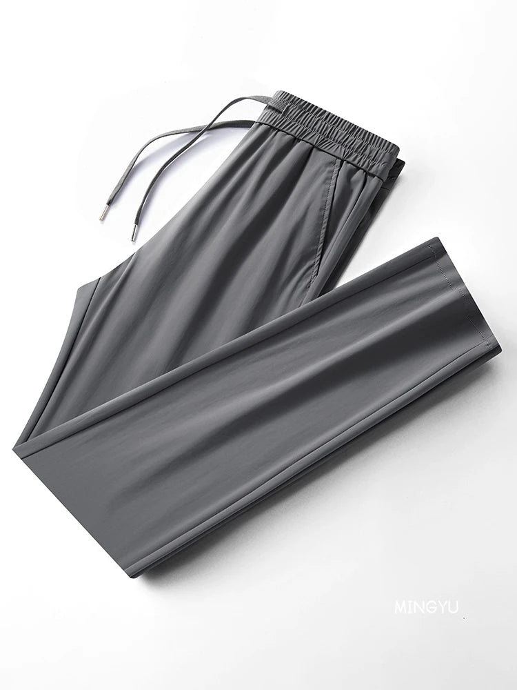 Summer High Stretch Smooth Ice Silk Casual Pants Man Thin Soft Elastic Waist Korean Grey Sweatpants Sports Jogging Trousers Male