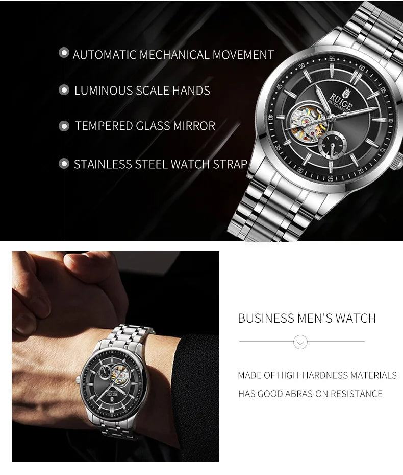 RUIGE High Quality Hollow Mechanical Movement Men's Watch Stainless Steel Fashion Men's Night Light Waterproof Watch