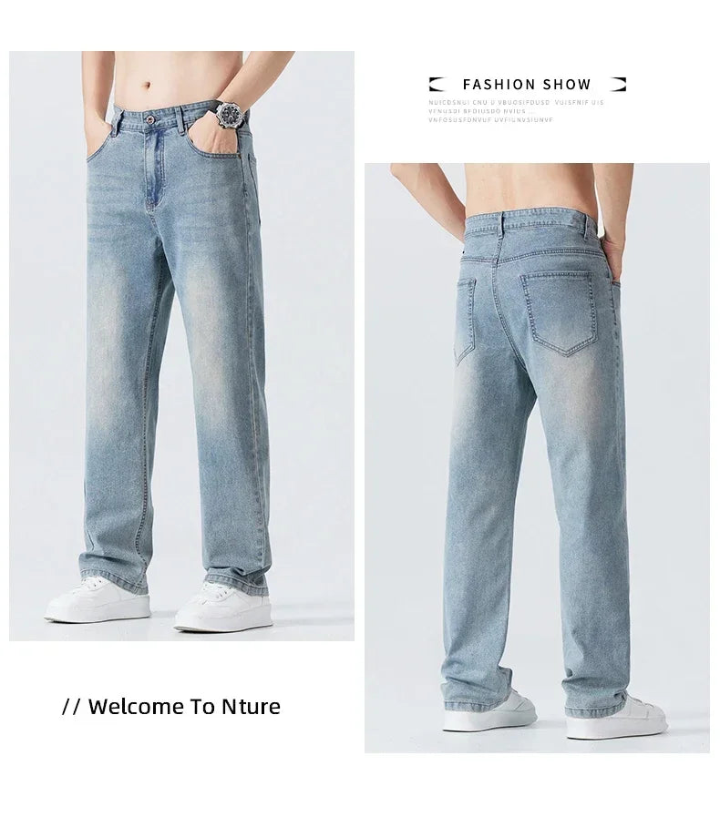 Summer Thin Straight Jeans Men's Clothing Soft Breathable Trousers Male Brand Comfortable Business Loose Denim Pants Retro Y2K