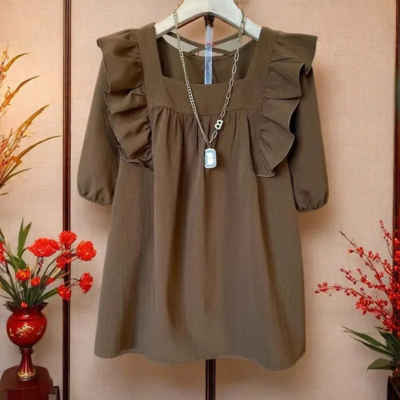 Summer Casual V-neck Back Cross Strap Fly Sleeve Elastic Shoulder Loose Fit Small Shirt Versatile Simple Top for Plump Sister