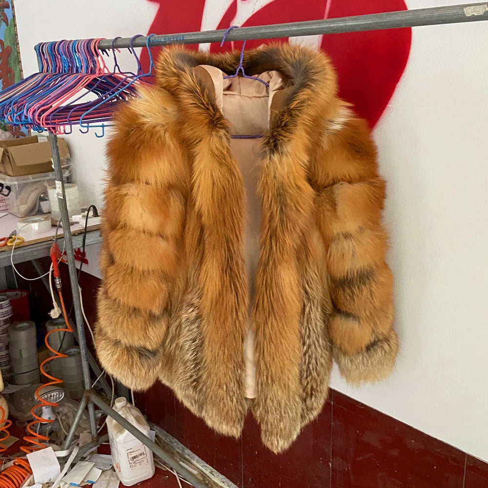 QUEENTINA Real Fox Fur Coat for Women, Winter Jacket, Warm Outerwear, Luxury Designer, External Clothes Plus Fashion New Long