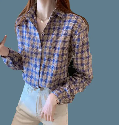 Vintage All-match Plaid Shirt for Female 2022 Spring Women's Clothing Korean Simple Turn-down Collarlong Sleeve Casual Blouses