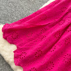 SINGREINY Chic Embroidery Hollow Out Dress Ruffles Splice Off Shoulder Elastic Ruched Slim 2025 Solid Gentle Vacation Long Dress