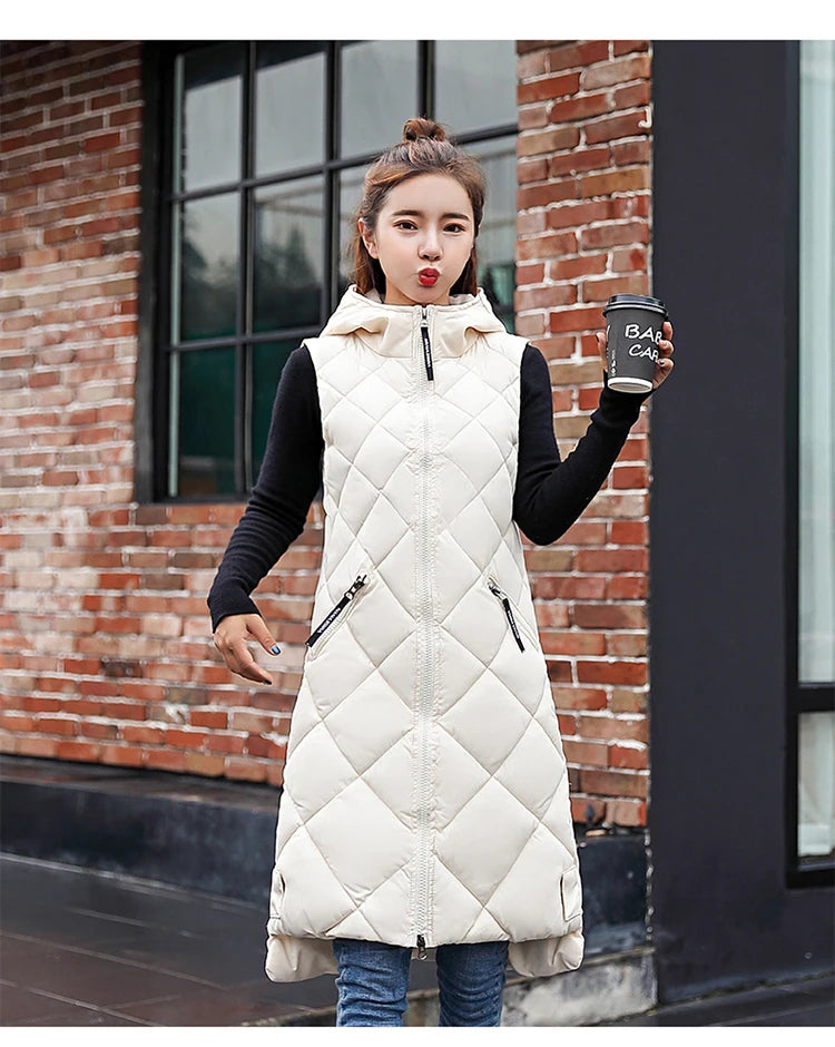 Women's Sleeveless Vest Long Down Padded Jacket Solid Color Hooded Loose Ladies Fashion Casual Warm Winter Jacket Vest Women