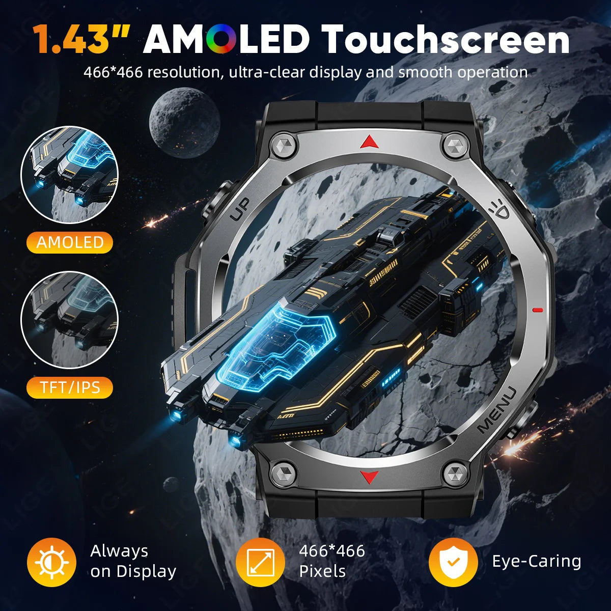 LIGE New 1.43 inch AMOLED Screen Smart Watch 525mAh Big Battery BT Call IPX8-5ATM Waterproof Sports Health Monitoring Smartwatch