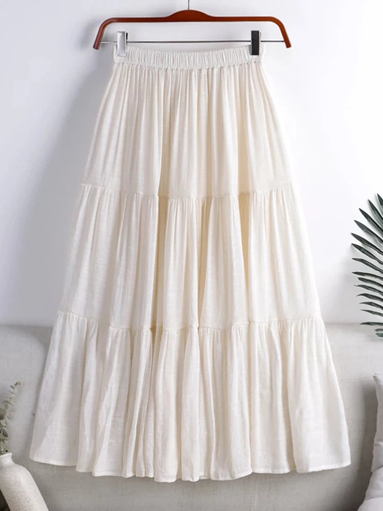 Designer Chic Maxi Skirt Woman 2024 New Summer A-Line Solid Patchwork Skirts Minimalist Casual Loose Pleated Skirts Jupe Femme
