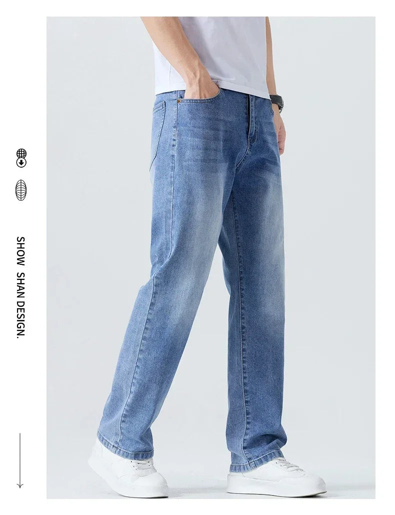 Summer Thin Straight Jeans Men's Clothing Soft Breathable Trousers Male Brand Comfortable Business Loose Denim Pants Retro Y2K