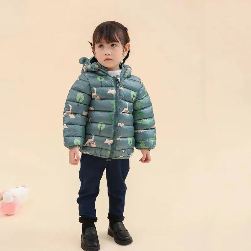 Children Boys Baby Hooded Lightweight Down Jackets Warm Outerwear Autumn Kids Girls Coats Cartoon Dinosaur Print Casual Clothing