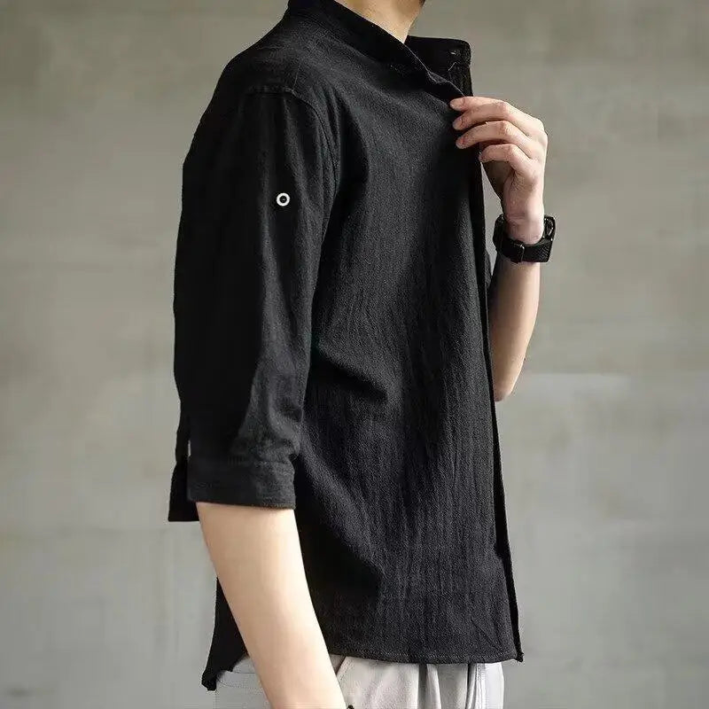 Japanese Retro Solid Color Linen Simple Shirt Men's Versatile Loose Casual American Spring New Style