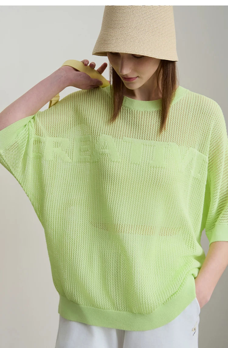 Amii Minimalist Women's Hollowed-out Knitted Pullover 2025 Summer New Half-sleeve Crew Neck Loose Blouse Thin Solid Top 12542139
