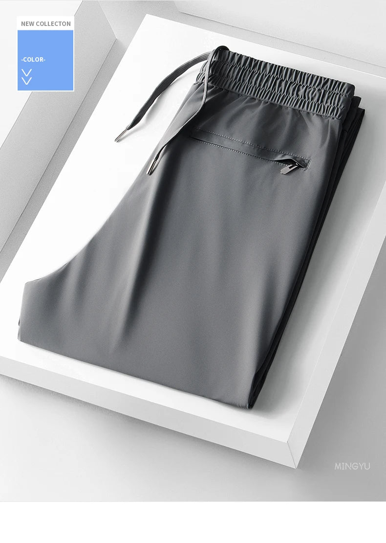 Summer High Stretch Smooth Ice Silk Casual Pants Man Thin Soft Elastic Waist Korean Grey Sweatpants Sports Jogging Trousers Male