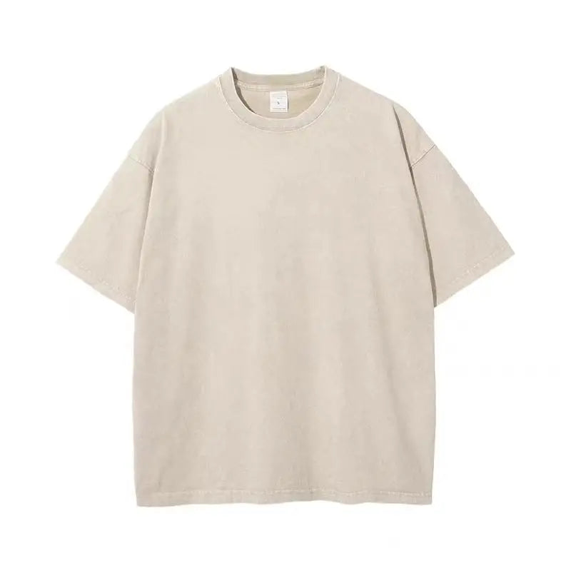 2025 summer European code wash heavy short sleeve T-shirt for young men pure cotton solid color loose retro round neck half slee