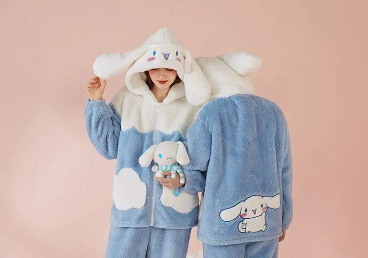 Cinnamoroll Women's Plush Pajamas Suit Sanrioed Kawaii Autumn Winter Hooded Home Clothes Cute Girl Thickened Cute Cartoon Sweet