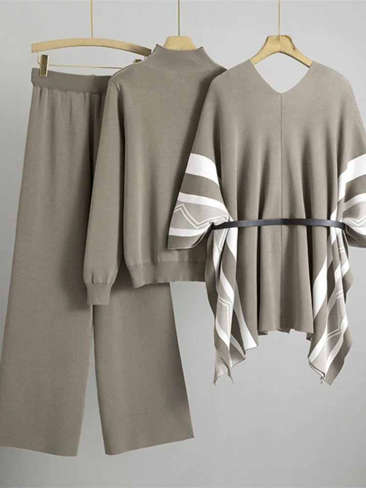 Korean Elegant Knitted 3 Piece Sets Women Sweater Pullover+chic Design Shawl Tops Conjuntos High Waist Wide Leg Pants Outfit New