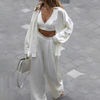 TWOTWINSTYLE Solid Three Piece Set for Women Lapel Long Sleeve Loose T Shirts Halter Vest High Waist Pant Sets Female