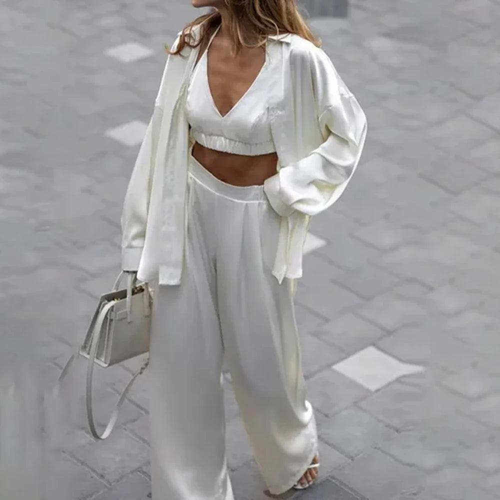 TWOTWINSTYLE Solid Three Piece Set for Women Lapel Long Sleeve Loose T Shirts Halter Vest High Waist Pant Sets Female