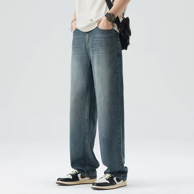 Spring Summer Thin Men's Loose Jeans Lyocell Draped Soft Fashion Loose Pants Streetswear Vintage Straight Y2K Denim Trousers
