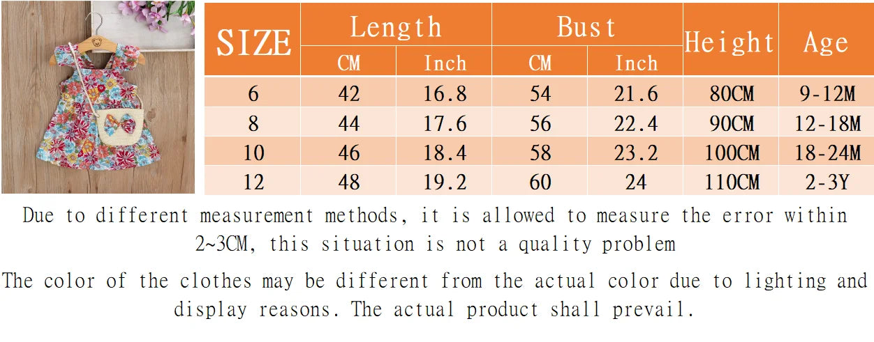 2 Pcs Summer New Baby Girl Dress Fashionable Floral Fly Sleeve Cotton Dress with Crossbody Bag Suitable for Babies Aged 0-3