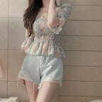 Chiffon Shirt for Women New Floral Flared Sleeves Wrapped in Chest and Waist to Make Them Look Slim Top for Women