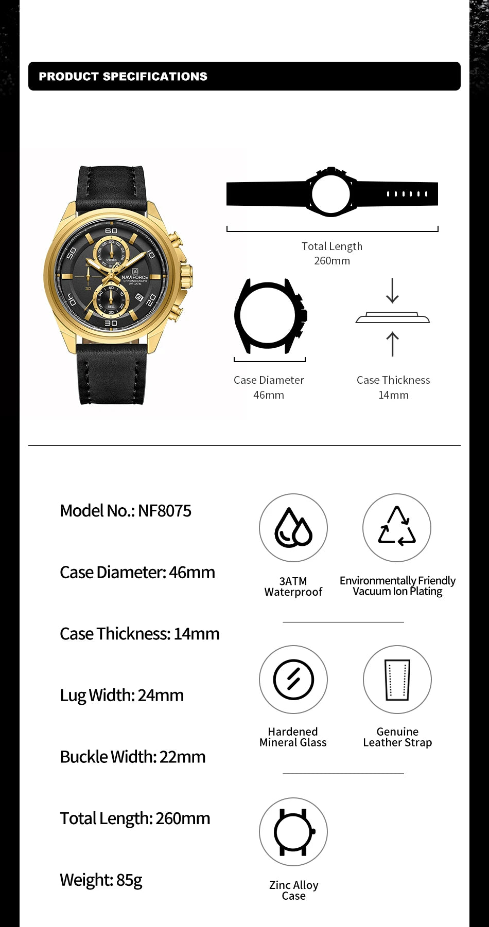 NAVIFORCE  Hands Wristwatches Genuine Leather Strap Alloy Case Casual Watches Dress Watch for Men Waterproof with Date Luminous
