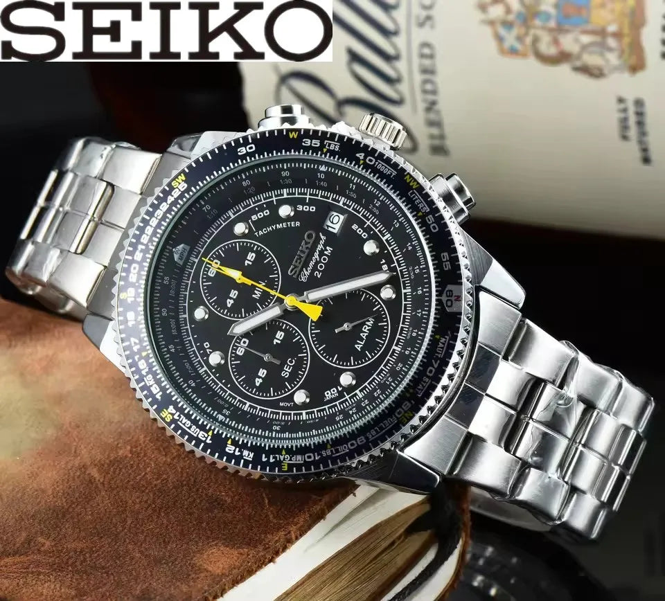 SEIKO Men's Sports Quartz Waterproof Watch, Multifunctional Dial Luminous Hands and Markers, Stainless Steel or Rubber Strap.