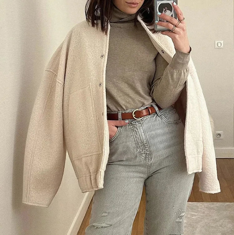 MiuKoMiYa Army Green Short Wool Blend Bomber Jackets For Women Winter Outdoor Women's Woolen Blend Coat Women Loose Wool Jacket