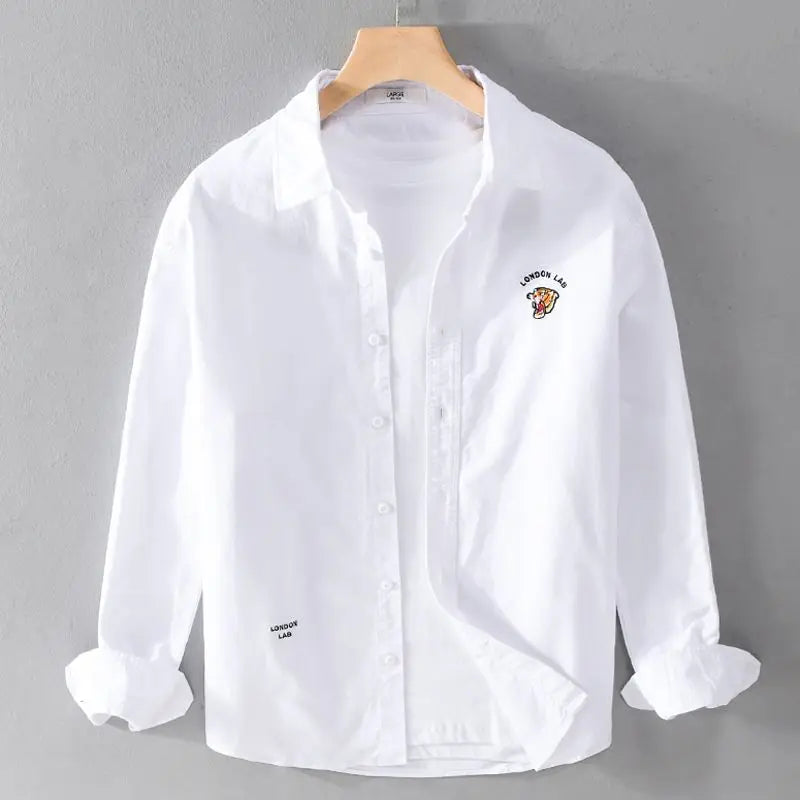 High-end Shirt Men's Autumn Casual Top Little Tiger Embroidery White Inch Shirt Versatile Simple Shirt Trend