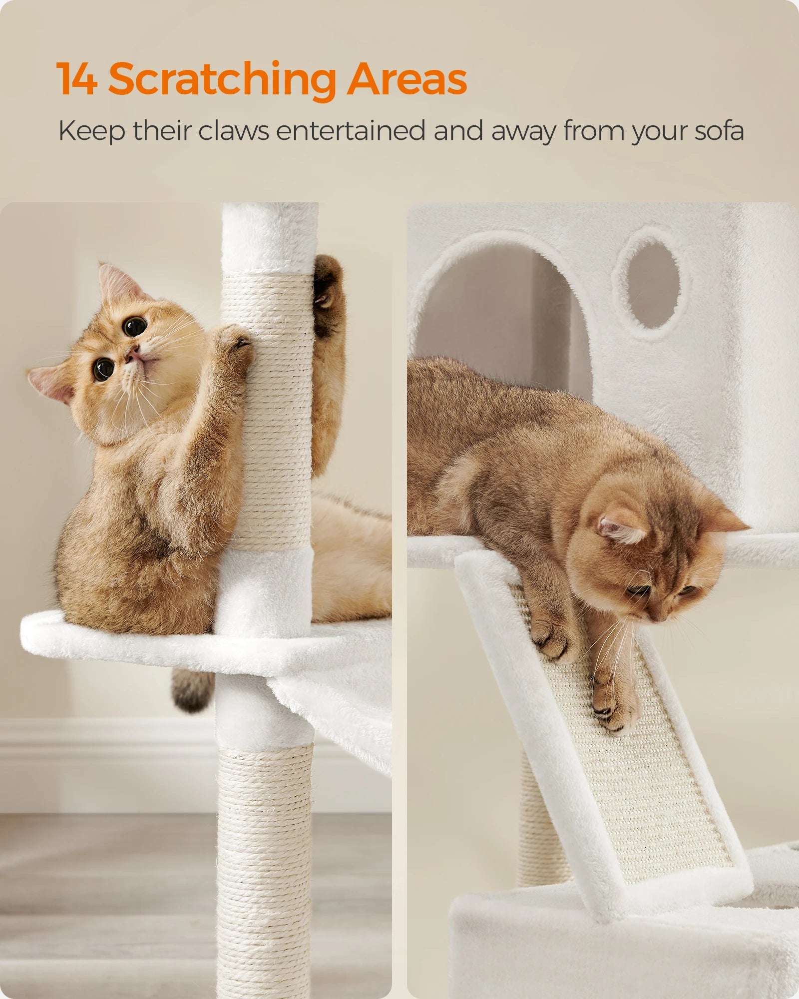 Feandrea Cat Tree, Height 206 cm, with 13 Scratching Posts, 2 Platform, 2 Kennels, Basket, Hammock, Pompom