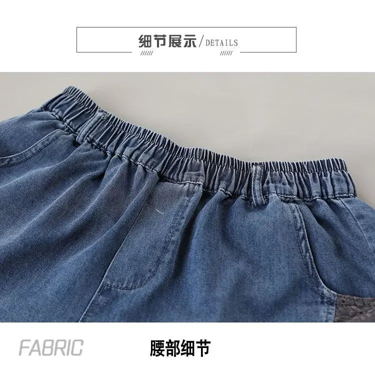Vintage Jeans Shorts Women Summer Floral Embroidery Elastic High Waist Denim Shorts Design Wide Leg Trousers Blue Black Shorts