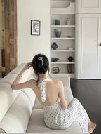 2024 Korean Style Open-back Halter Neck Dress Women's Summer Elegant Long Dress Waist-fitted A- line Skirt Sleeveless