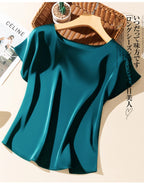 Big Size Summer New Silky Acetic Acid Satin T-shirt Round Neck Women Loose Top Lazy and Versatile Acetate Satin T-shirt