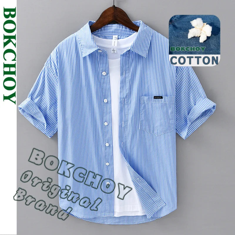 2025 Spring Summer New Casual Striped Cotton Short Sleeve Shirts for Men Clothing Soft Turn-down Collar Shirts DCC03
