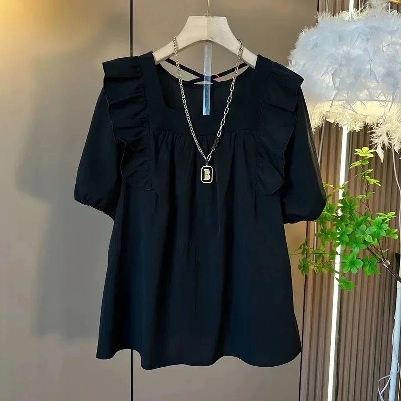 Summer Casual V-neck Back Cross Strap Fly Sleeve Elastic Shoulder Loose Fit Small Shirt Versatile Simple Top for Plump Sister