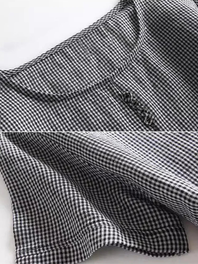 Vintage Plaid Cotton Dresses for Women 2025 New Summer Classical Ladies Midi Dress Elegant Literary Casual Loose Daily Dresses