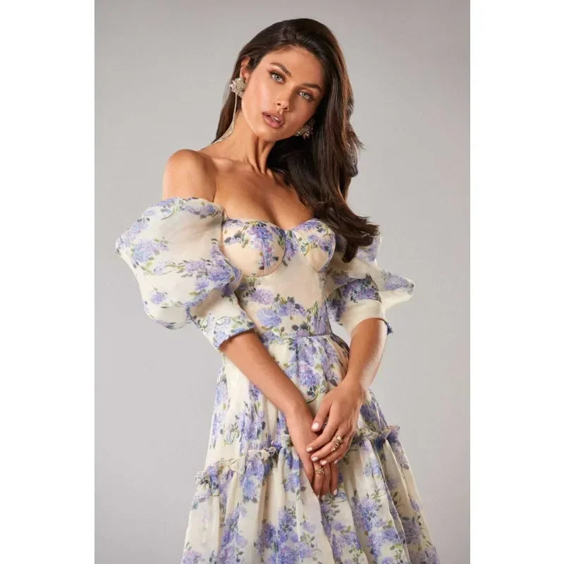 Sexy Fashion Long Sleeve Off Shoulder High Waist Corset Folds Evening Graduation Dress Robe Prom Elegant Women Long Party Dress