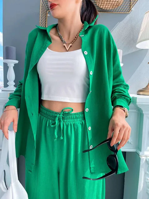 Casual Solid Women Set Tracksuit Women Long Sleeve Single-breasted Shirt and Harem Pants Two Piece Sets Female Fashion Outfits